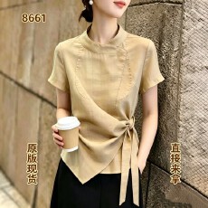 批发轻熟立领卡其色短袖衬衣<b class='q'>女</b>夏季知性<b class='q'>大</b>方得体剪裁衬衫职场日常上衣
