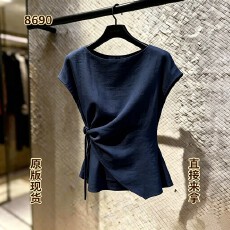 批发独特漂亮超好看T恤女2026夏季新款法式复古藏青色侧系带收腰上衣