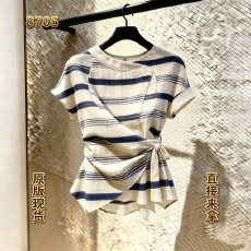 批发法式条纹<b class='q'>短袖</b>上衣女通勤风收腰显瘦小众设计感超好看时尚2026新款