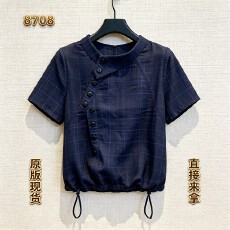 批发2026年夏季新品女藏蓝色上衣抽绳显瘦巨好看绝美气质盐系舒适<b class='q'>短袖</b>