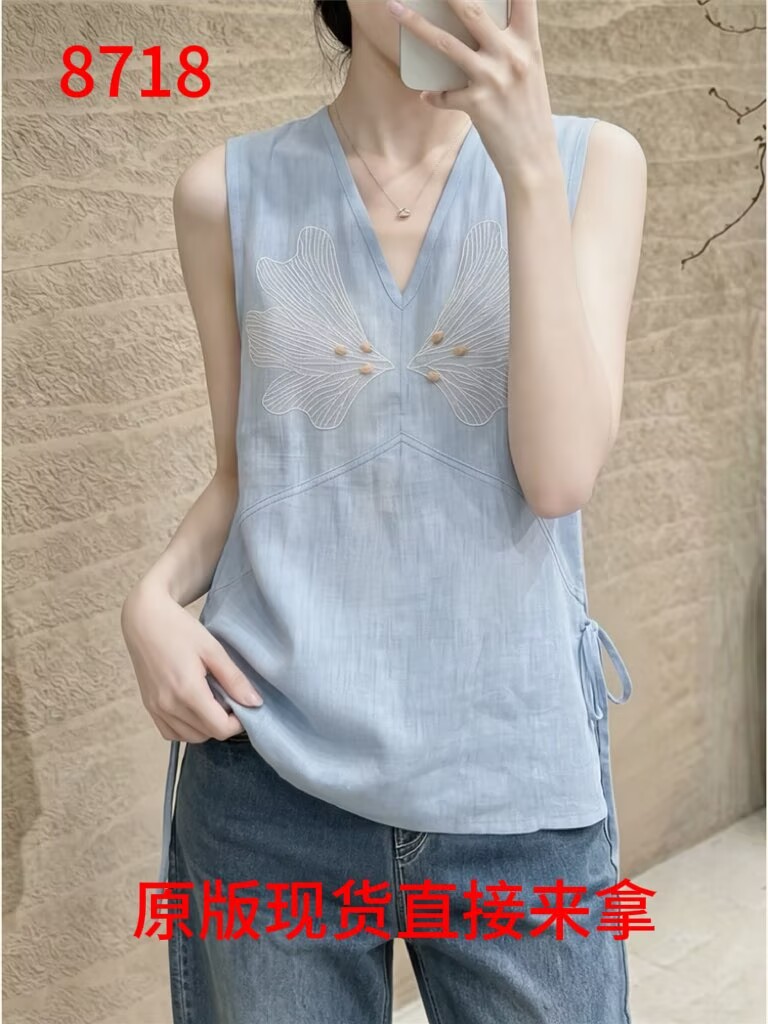 파란색 V넥 조끼 여성 여름 새로운 외출용 루즈핏 품격 작은 셔츠 미니멀리즘 고급 센스 프랑스식 민소매 맨위