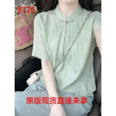批发新中式国风立领盘扣绿色衬衫女夏季高级感轻奢减龄洋气巨好看上衣