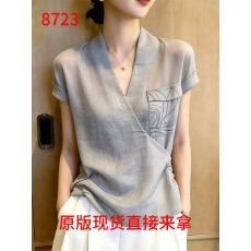批发欧货高端浅灰交领口袋微透小衫女2026夏季新款轻奢风松弛大码上衣