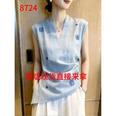 批发欧货蓝色印花V领无袖衬衫女夏季新款收腰设计感小众独特气质上衣