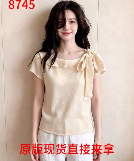 빛 요리 한 바람 베이비 칼라 레이스업 쉬폰 블라우스 여성 의류 여름 새로운 반팔 슬림해 보이는 품격 얇은 스타일 디자인 센스 맨위