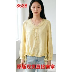 批发设计感蕾丝V领长袖上衣女黄色抽绳收腰衬衫夏季小众气质高级衬衣