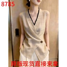 批发法式复古交叉v领格纹衬衫女2026新款夏季高级感收腰显瘦气质上衣