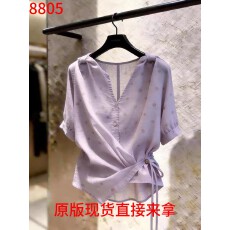 批发复古V领<b class='q'>波点</b><b class='q'>雪纺</b>短袖<b class='q'>衬衫</b>女夏季收腰设计感小众扭结绑带别致上衣