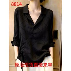 批发2026年夏季新品黑色几何印花衬衫女大码翻领系带休闲上衣显瘦百搭
