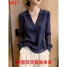 批发轻熟休闲藏蓝色V领衬衫女通勤风显瘦百搭设计感上衣2026夏季新款
