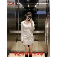 批发2026年新品法式缎面V领衬衫连衣裙轻熟优雅风收腰包臀裙礼服