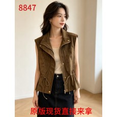 批发秋季新款穿搭氛围感立领抽绳工装马甲收腰显瘦无袖马夹女