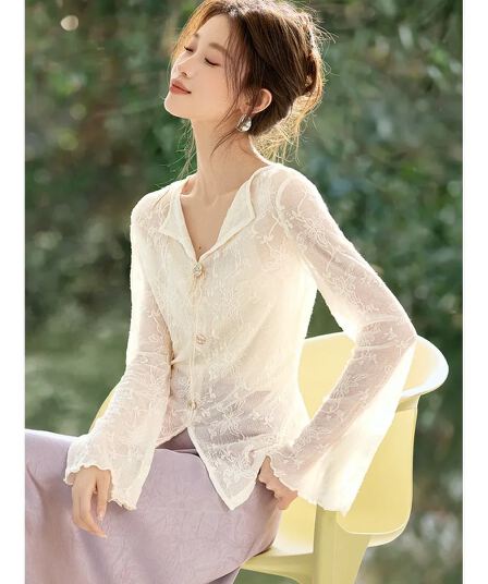 부드러운 빛 실크 라임 26 봄 고급 센스 품격 레이스 자카드 V넥 허리 수축 니트 긴 소매 티셔츠