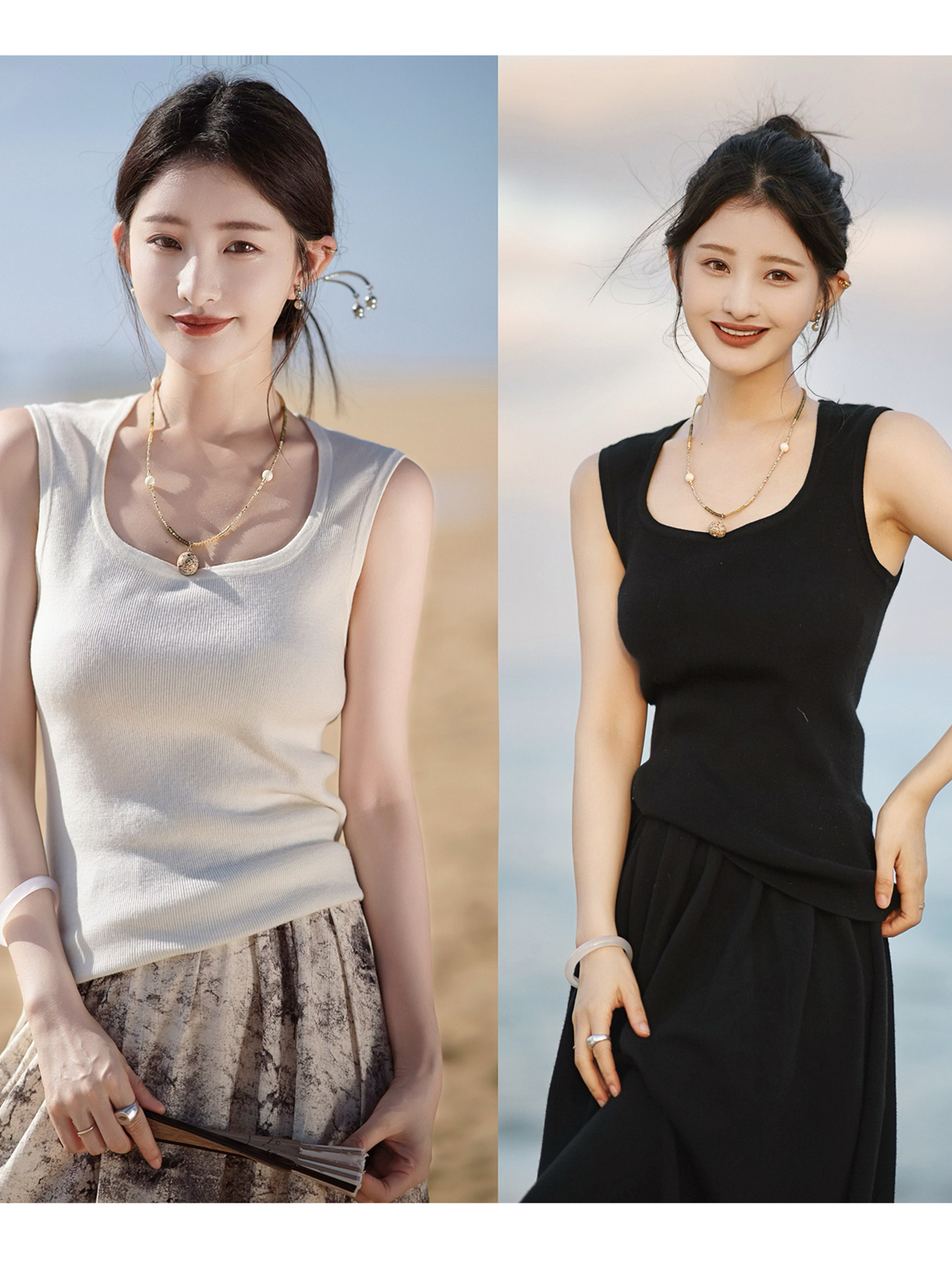 RY3011# ｜万精油背心｜百搭休闲白色背心2026春新款u领打底衫女