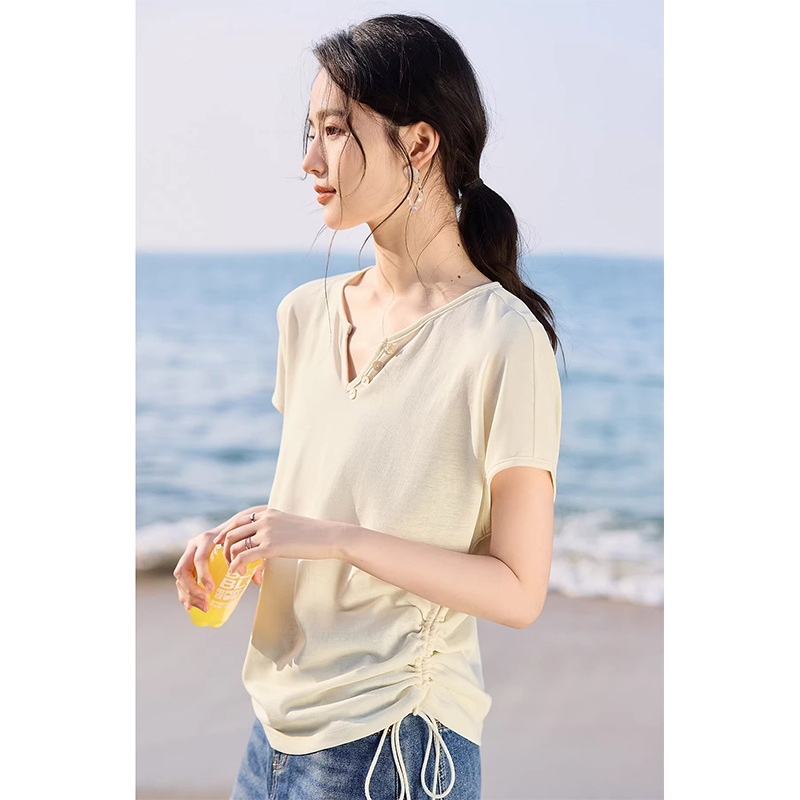 수 있습니다. 조정 펌프 로프 반팔 티셔츠 여성 여름 차가운 센스 V넥 허리 수축 슬림해 보이는 품격 맨위