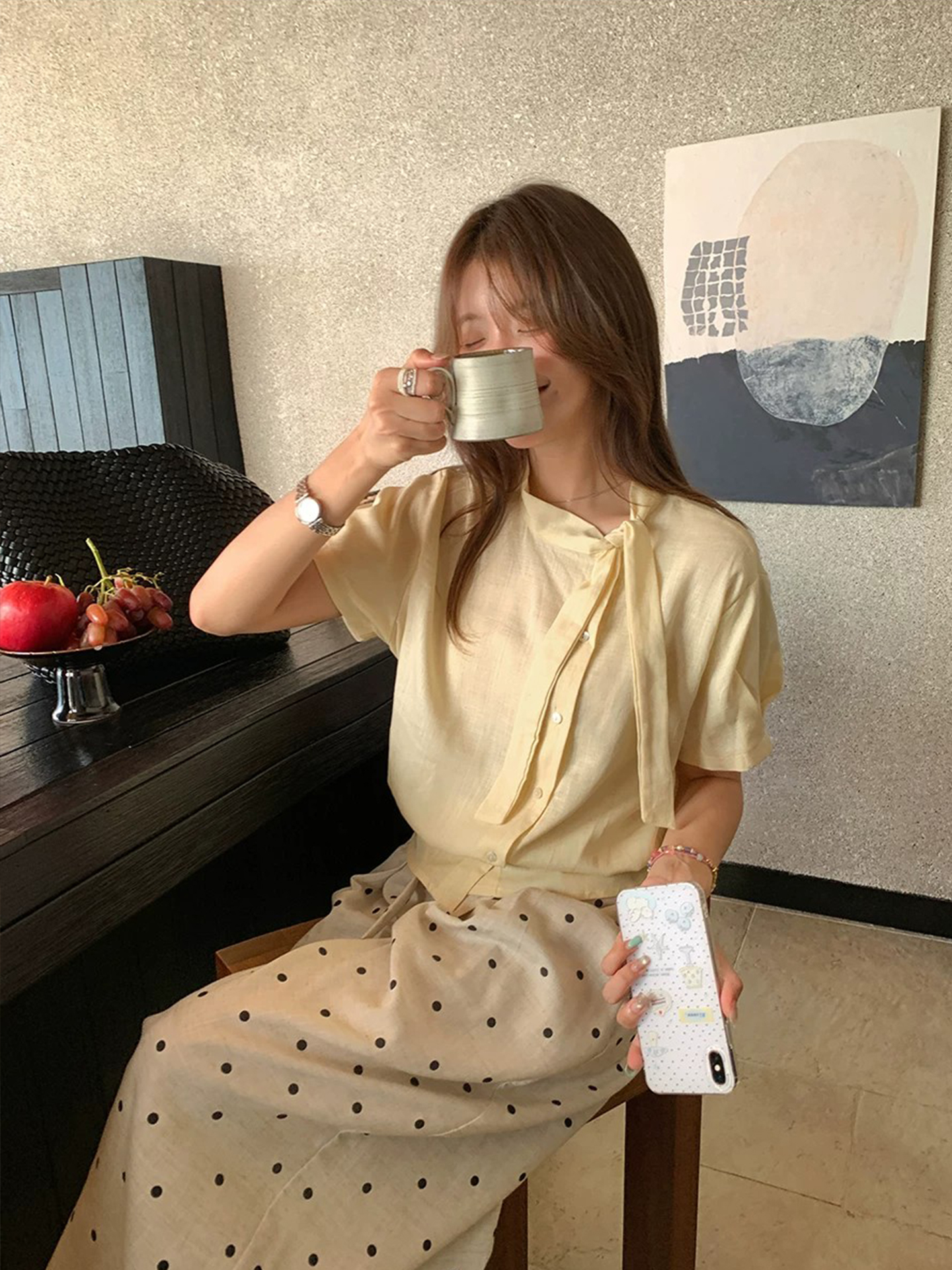 부드러운 인자 한 부서 가스 질감 리본 칼라 셔츠 여성 여름 작은 키 미니멀리즘 허리 수축 작은 셔츠