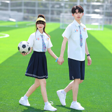 批发实拍情侣校园风夏季学生涂鸦短袖<b class='q'>衬衫</b>男女套装 校服 班服