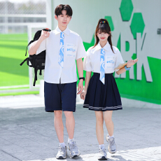 批发实拍情侣夏季校园风学生毕业拍照男女短袖<b class='q'>衬衫</b>套装 校服 班服