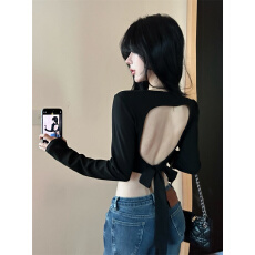 批发实拍实价~韩系百搭设计感露背绑带修身显瘦纯色垫肩圆领短款上衣