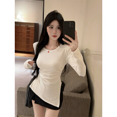 批发<b class='q'>实拍</b>实价~辣妹性感不规则侧边开叉修身显瘦中长款纯色圆领正肩T恤