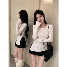 批发实拍实价~辣妹性感不规则侧边开叉修身<b class='q'>显瘦</b>中长款纯色圆领正肩T恤