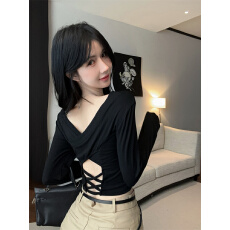 批发实拍实价~设计感纯欲辣妹印花后背交叉露背修身显瘦长袖打底上衣