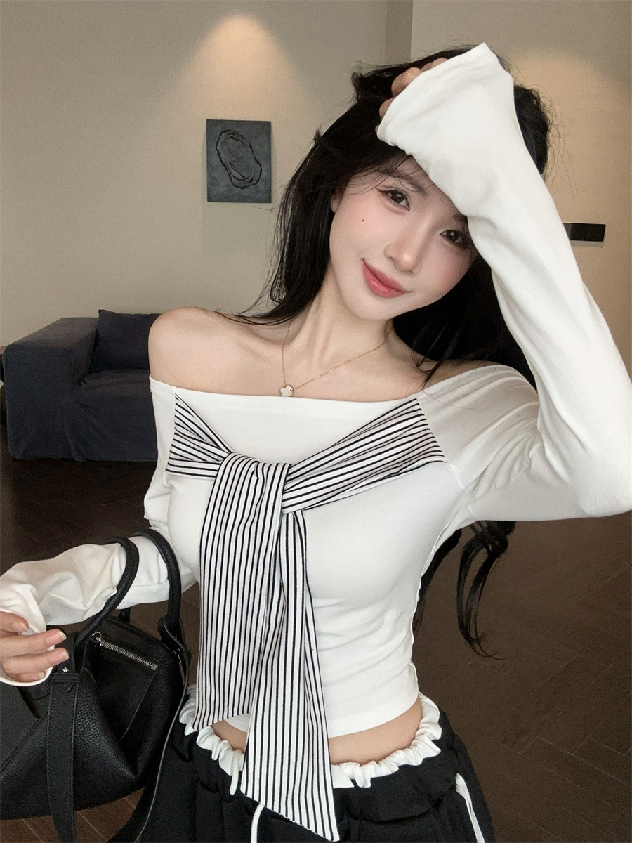 실사 정가 핫걸 레트로 디자인 센스 오프숄더 패치워크 백리스 스트라이프 스트랩 몸매 가꾸기 슬림해 보이는 맨위 여성