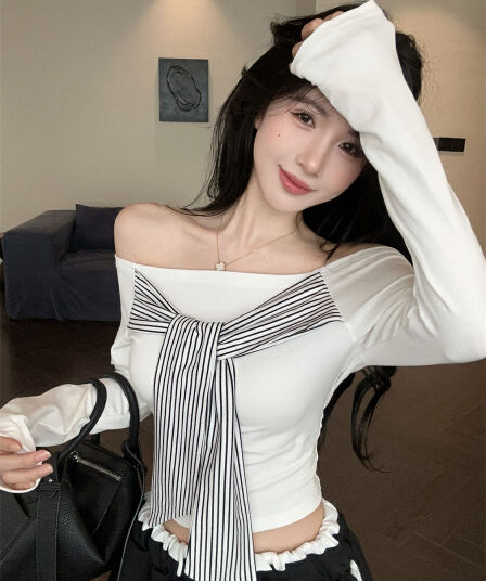 실사 정가 핫걸 레트로 디자인 센스 오프숄더 패치워크 백리스 스트라이프 스트랩 몸매 가꾸기 슬림해 보이는 맨위 여성