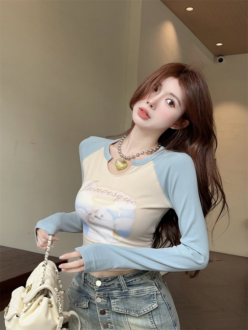 실사 정가 핫걸 순수한 욕망 고양이 인쇄 플라워 인서트 어깨 소매 패치워크 V넥 몸매 가꾸기 슬림해 보이는 긴팔 맨위 여성