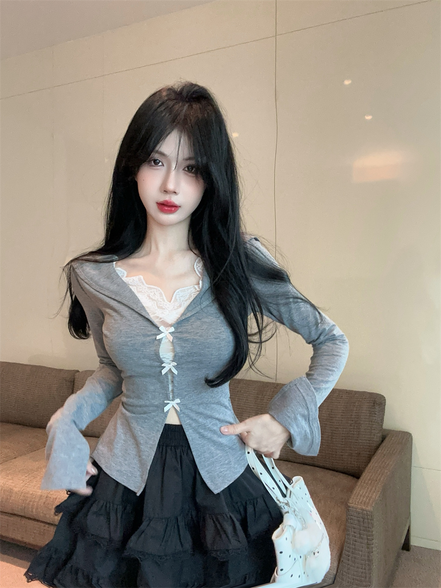 실사 정가 한 부서 디자인 센스 나비 매듭 패치워크 레이스 홀로우 아웃 깊은 v 폴로 칼라 맨위