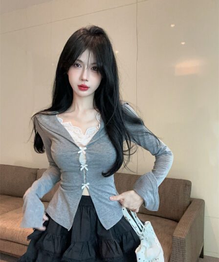 실사 정가 한 부서 디자인 센스 나비 매듭 패치워크 레이스 홀로우 아웃 깊은 v 폴로 칼라 맨위