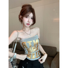 批发实拍实价~千禧辣妹金色烫字修身显瘦灰色一字肩短款抹胸上衣女