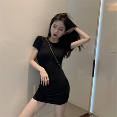 批发实拍实价~港味Chic纯色不规则显瘦紧身短袖包臀T恤<b class='q'>连衣裙</b>女