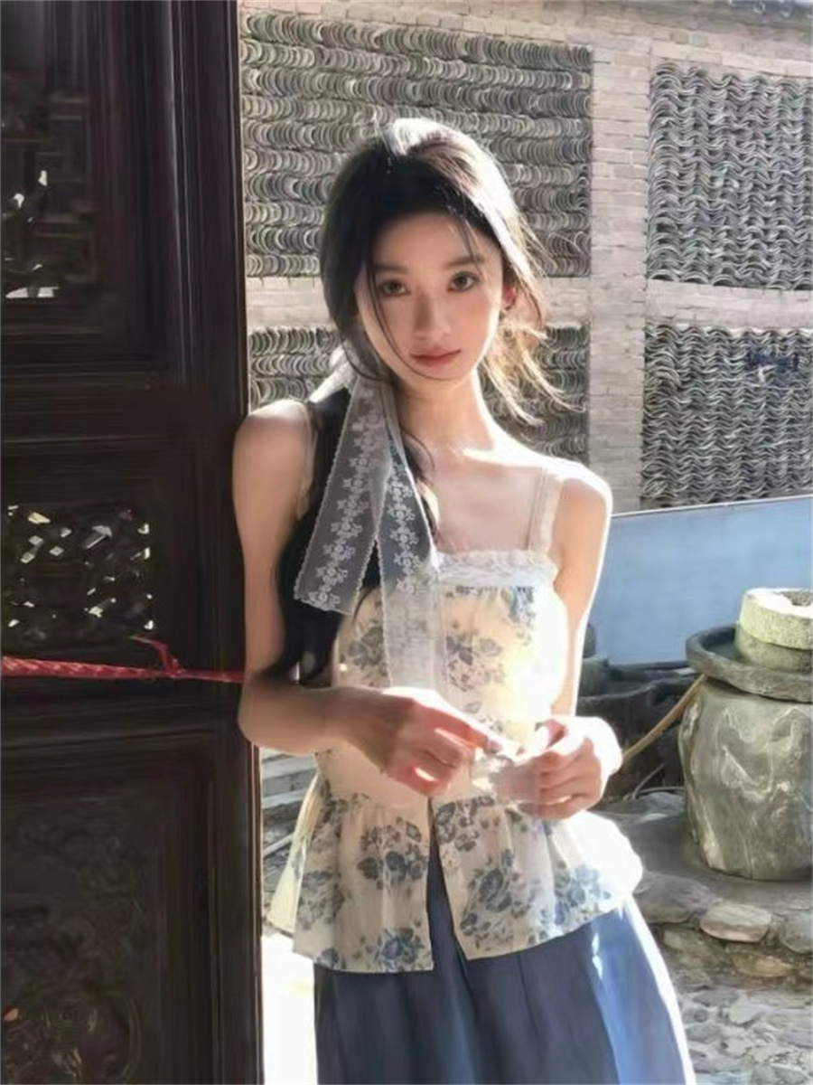 실사 정가 순수한 욕망 한 부서 Chic 품격 고급 센스 파란색 꽃무늬 캐미솔
