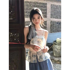 批发实拍实价~纯欲韩系别致气质高级感蓝色<b class='q'>碎花</b>吊带背心女