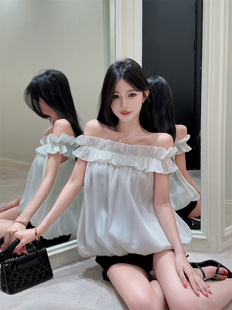실사 정가 디자인 센스 한 부서 부드러운 달콤함 품격 오프숄더 새틴 레이스 오프숄더 루즈핏 여성 셔츠