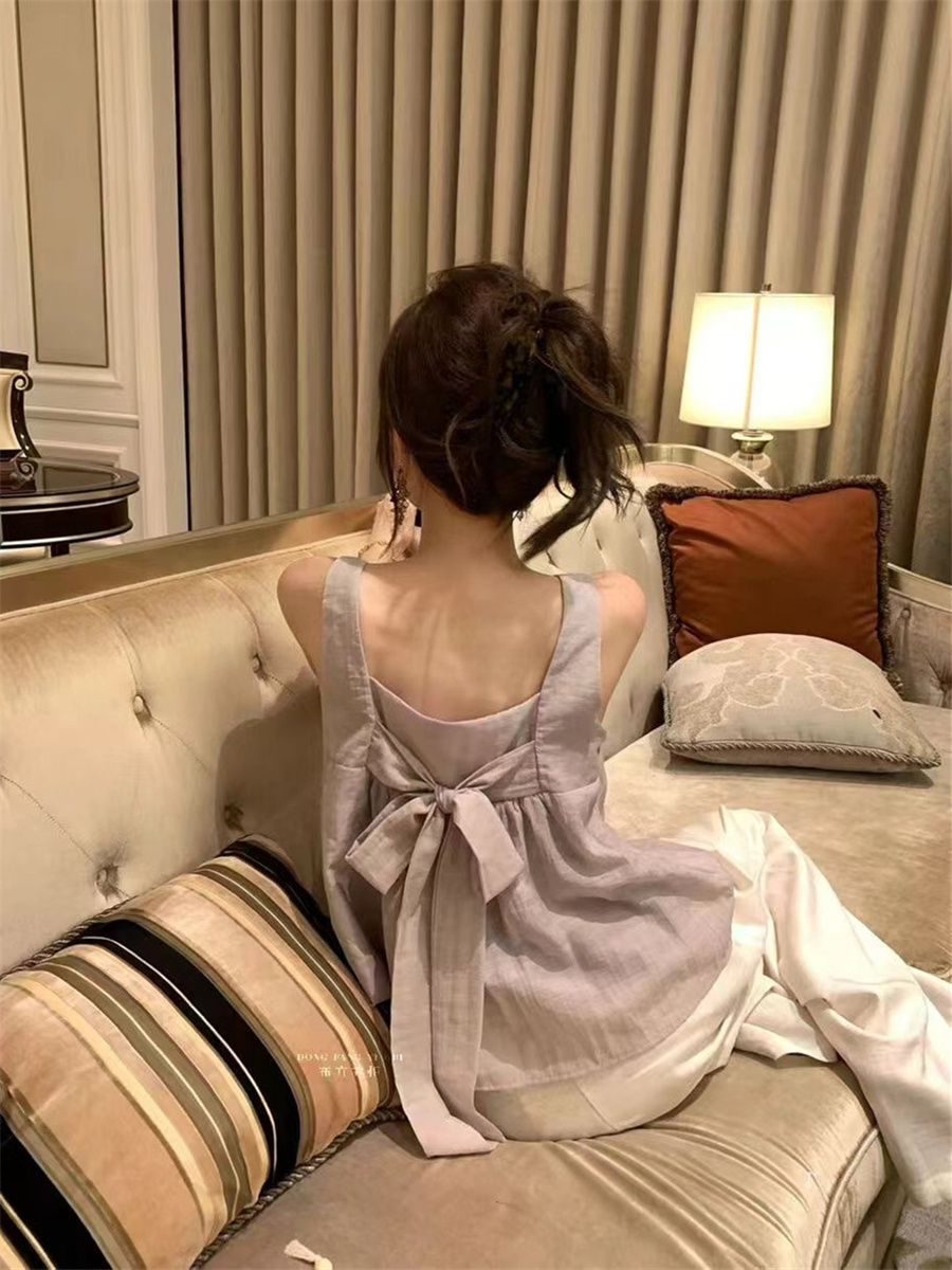 실사 한국 스타일 품격 디자인 센스 뒤로 레이스업 나비 매듭 캐미솔 외국 가스 작은 셔츠 Chic 맨위 여성