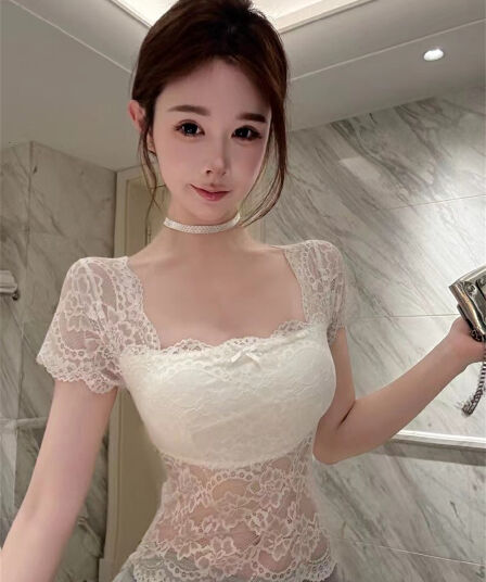 실사 핫걸 섹시함 홀로우 아웃 통기성 새싹 리본 가슴 패드 몸매 가꾸기 다용도 기본 셔츠 맨위 여성