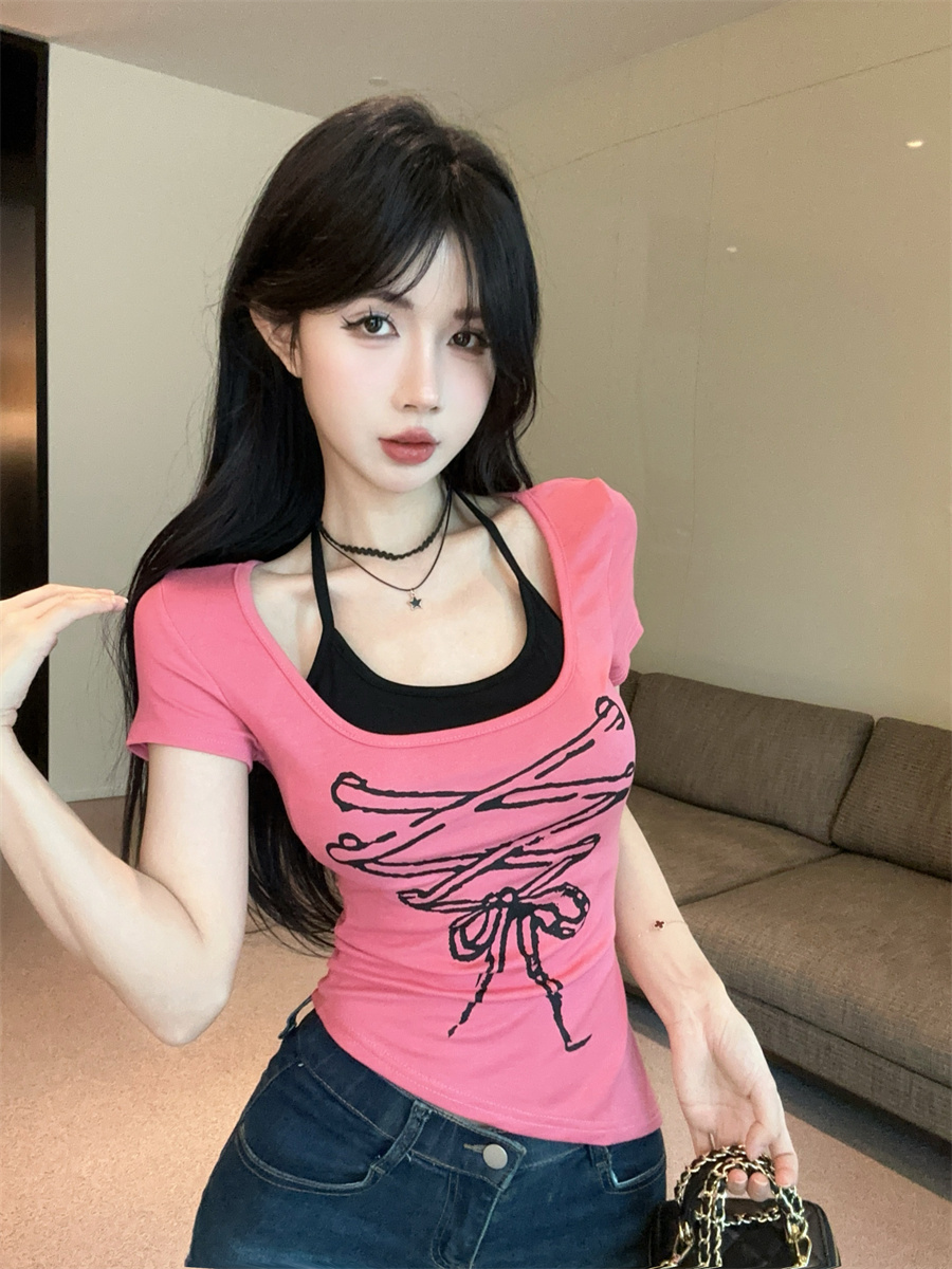 실사 정가 달콤한 핫걸 섹시함 행침 목 스트랩 불규칙 패치워크 페이크 레이어드 프린트 몸매 가꾸기 반팔 티셔츠