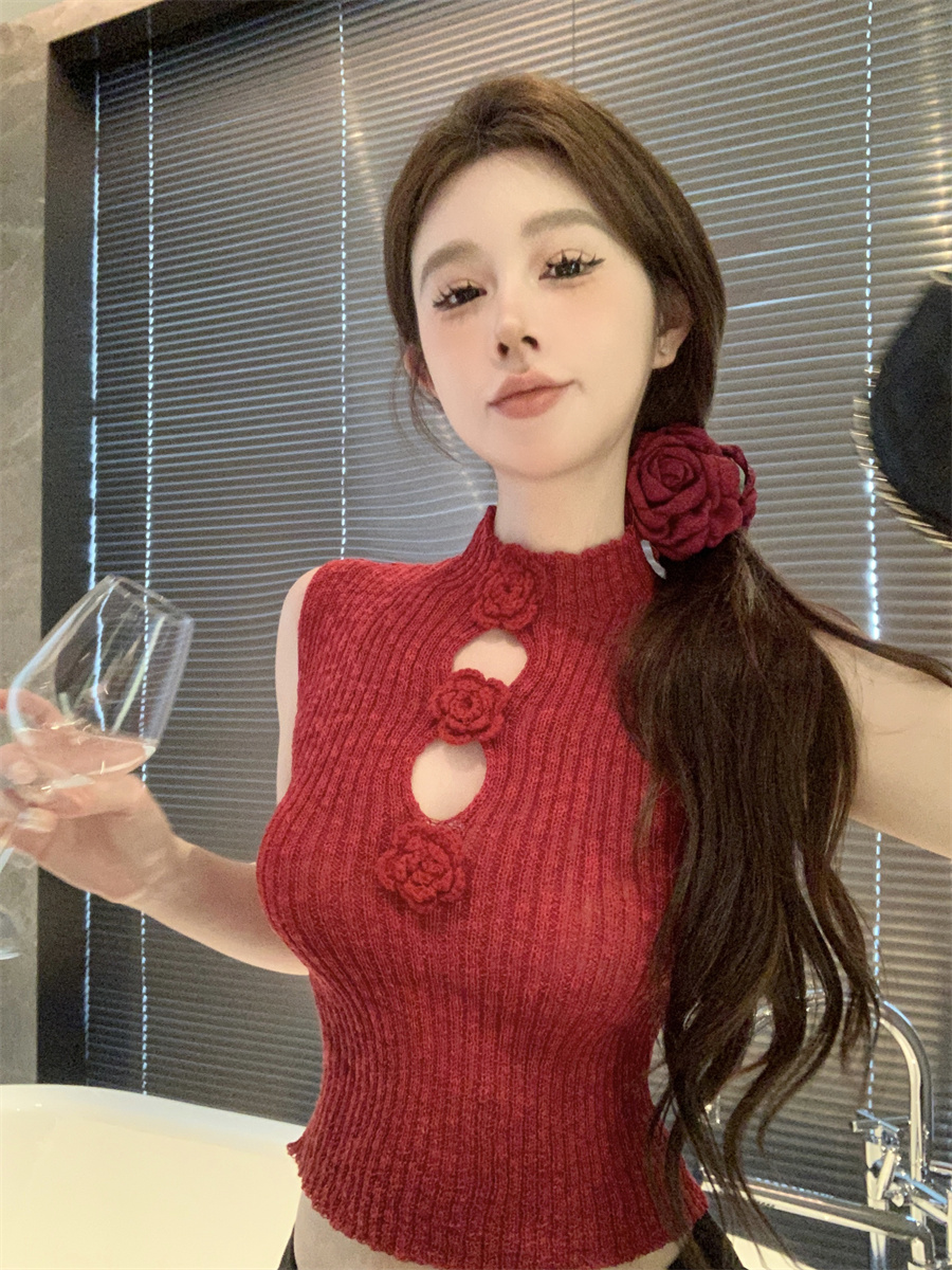 실사 정가 부드러운 핫걸 디자인 센스 3 차원 꽃 스탠드 칼라 몸매 가꾸기 슬림해 보이는 홀로우 아웃 민소매 니트 조끼