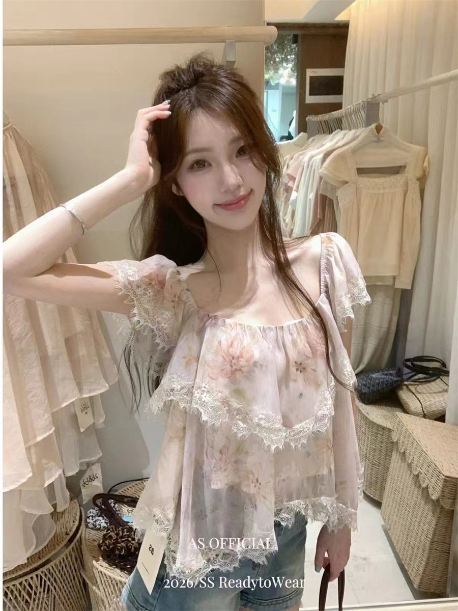 실사 순수한 욕망 분위기 센스 팔레트 낭만주의 프린트 쉬폰 패치워크 레이스 불규칙 Feifei 소매 작은 셔츠