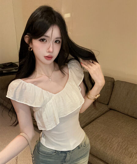 실사 정가 핫걸 프랑스식 다중 레이어 자르기 패치워크 프릴 오프숄더 슬림해 보이는 쇼트 스타일 긍정적 인 어깨 의류 여성