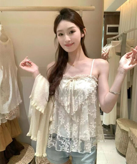 실사 정가 순수한 욕망 섹시함 핫걸 레이스 무거운 작업 자수 하트 모델링 프릴 조끼 외출용 슬립