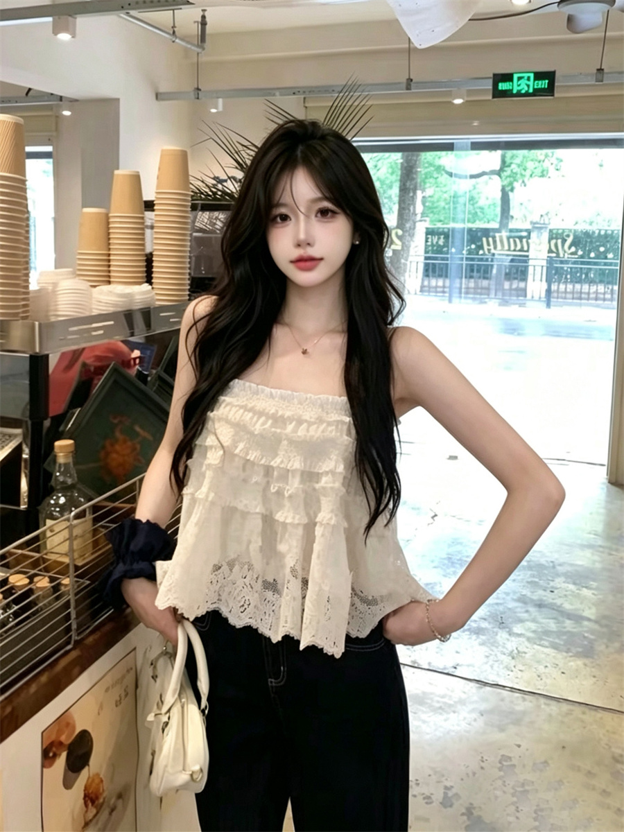 실사 정가 디자인 센스 달콤함 프릴 연령 감소 화이트 레이스 레이스 홀로우 아웃 루즈핏 쇼트 스타일 슬립 여성