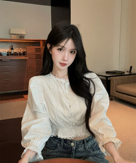 실사 정가 디자인 센스 프랑스식 소녀 센스 화이트 레이스 레이스 패치워크 거품 소매 쇼트 스타일 여성 셔츠