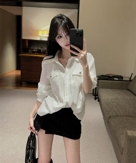 실사 정가 순수한 욕망 더블 주머니 패션 품격 POLO 칼라 주간 실크 코튼 루즈핏 다용도 셔츠 여성