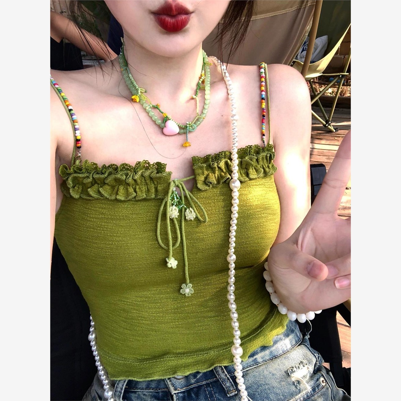 FA36530# 彩虹百利甜彩色串珠蝴蝶结露背吊带背心带胸垫 服裝批發女裝批發服飾貨源