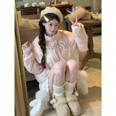 批发甜美可爱蝴蝶结刺绣粉色羽绒棉服女2025<b class='q'>冬</b>季新款小个子短款面包服