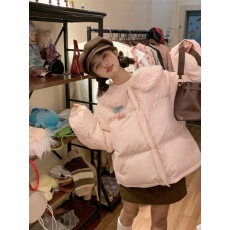 批发娃娃领粉色加厚棉服外套女2023秋<b class='q'>冬</b>季新款甜妹短款面包服棉衣棉袄