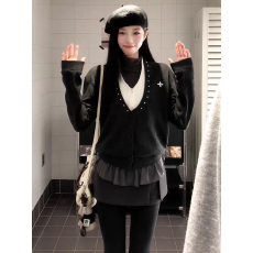 批发大码胖MM假两件钉珠V领针织开衫女春黑色软糯保暖学院风毛衣外套